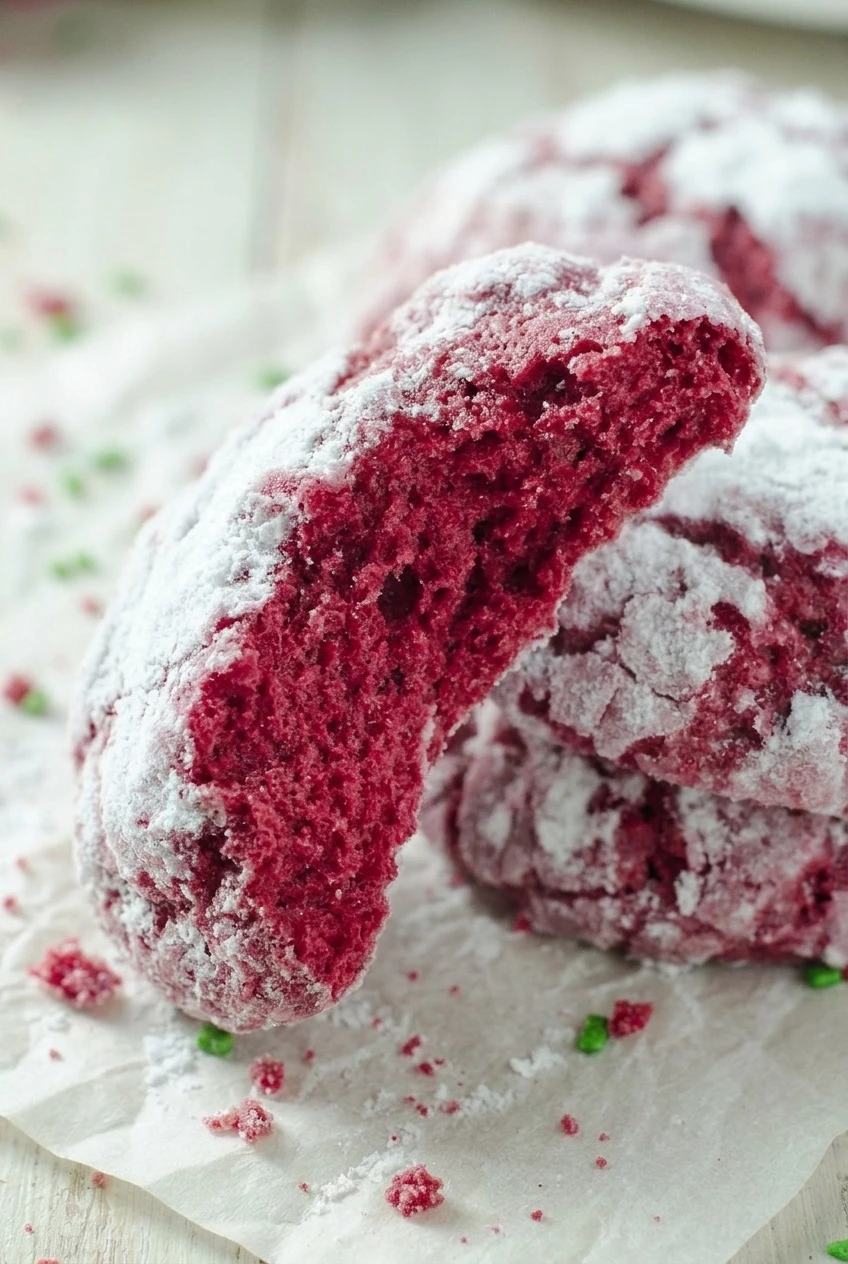 Close view of a halved red velvet crinkle cookie showing its soft red crumb and powdered-sugar crust