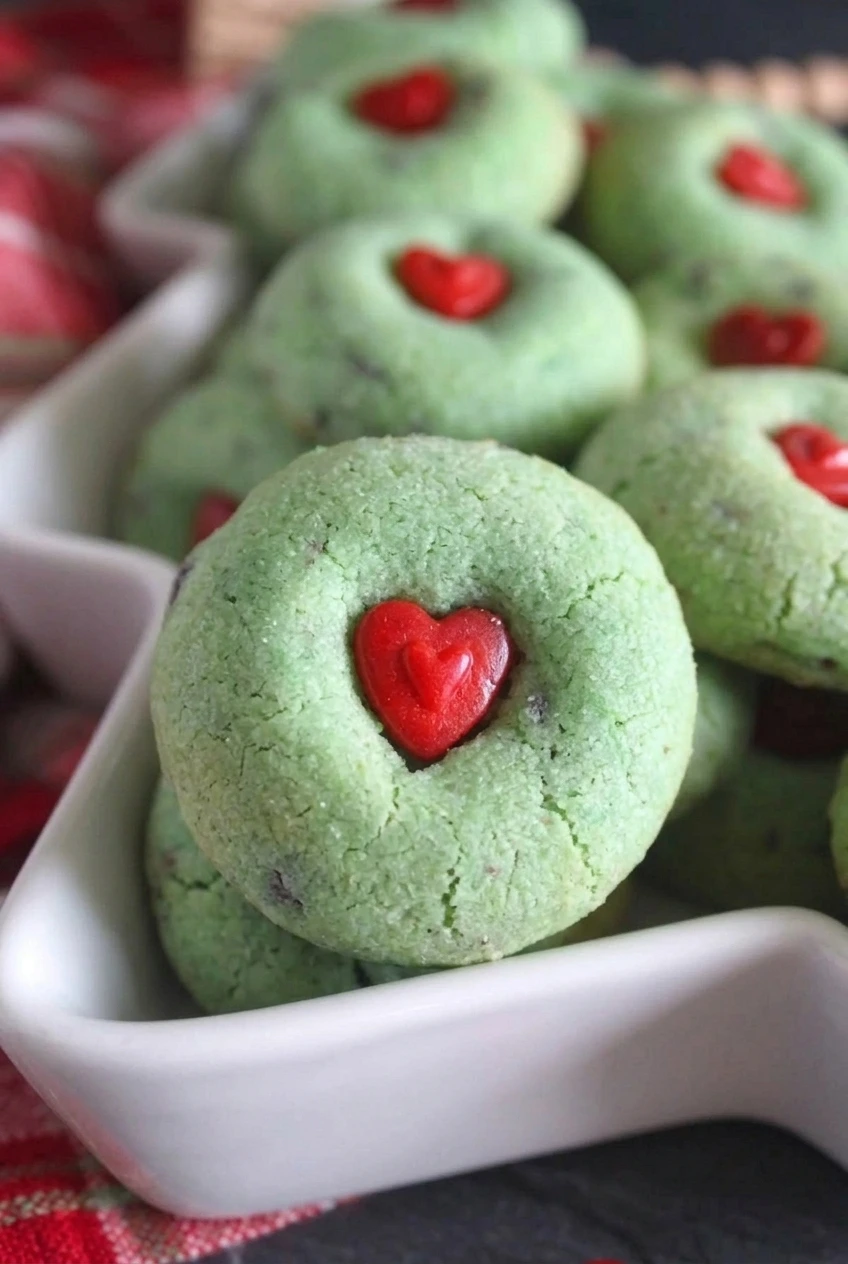Close view of a pale-green Grinch cookie with a lightly cracked surface and red heart sprinkle