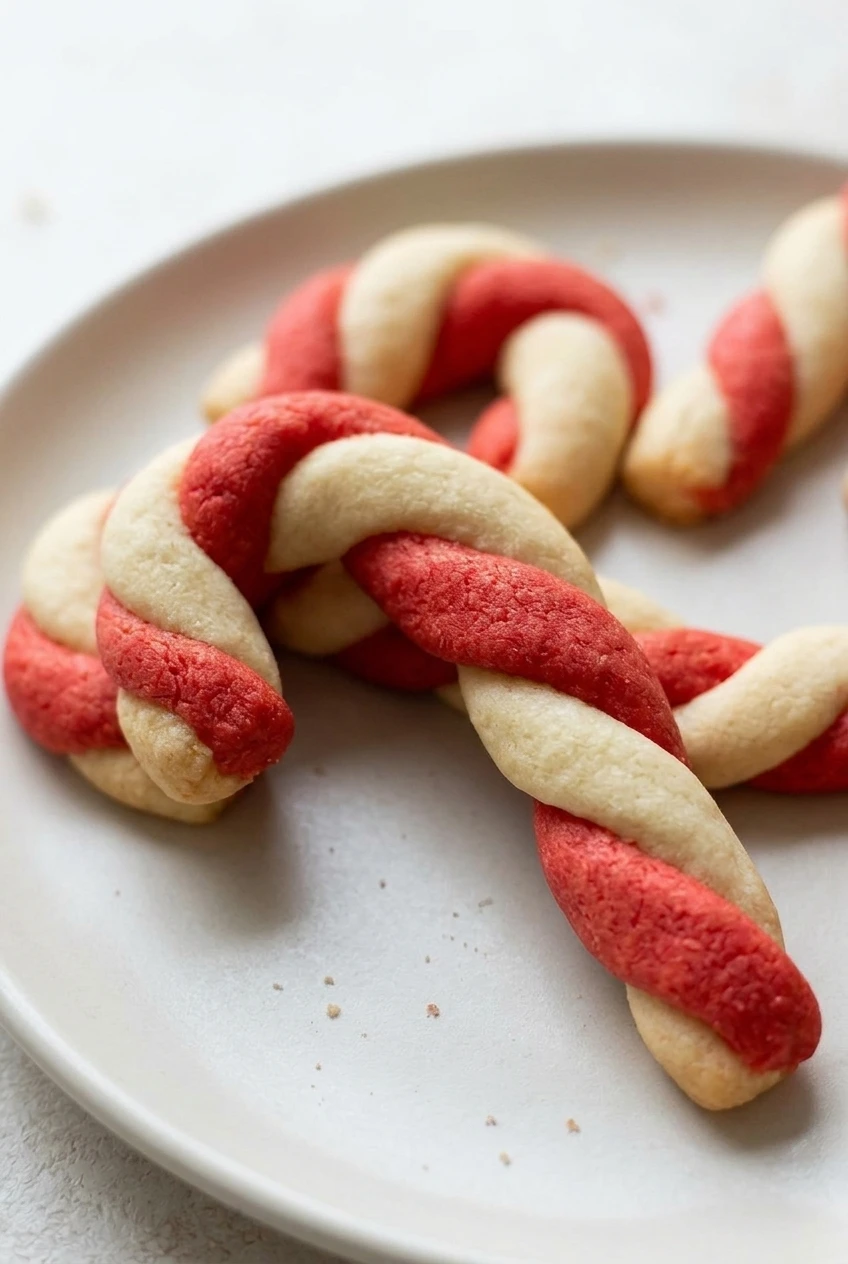 Close detail of the red-and-ivory twisted bands and tender surface of candy cane cookies