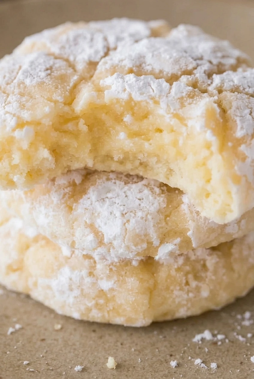 Close detail of a broken Christmas gooey butter cookie showing its tender pale-yellow crumb and powdered-sugar cracks.