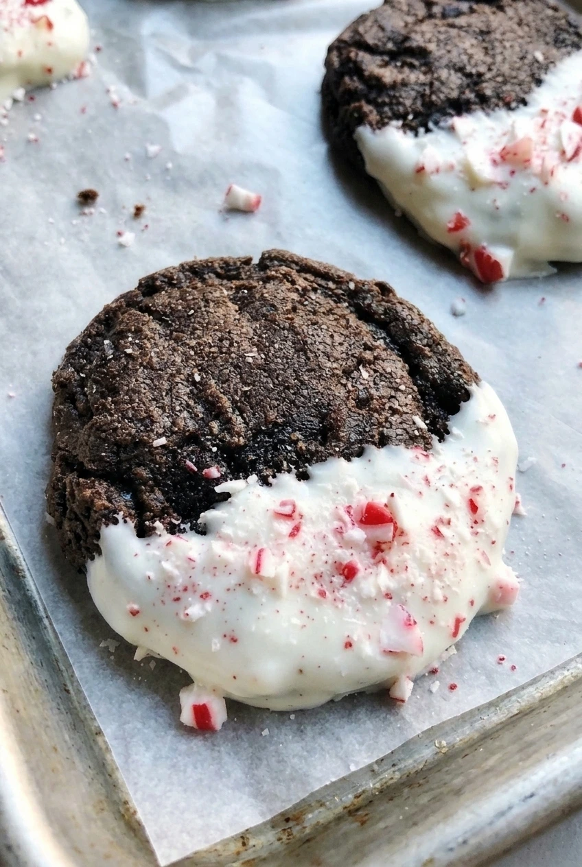 Close view of a chocolate peppermint cookie showing its rough dark top, white chocolate coating, and candy cane pieces.