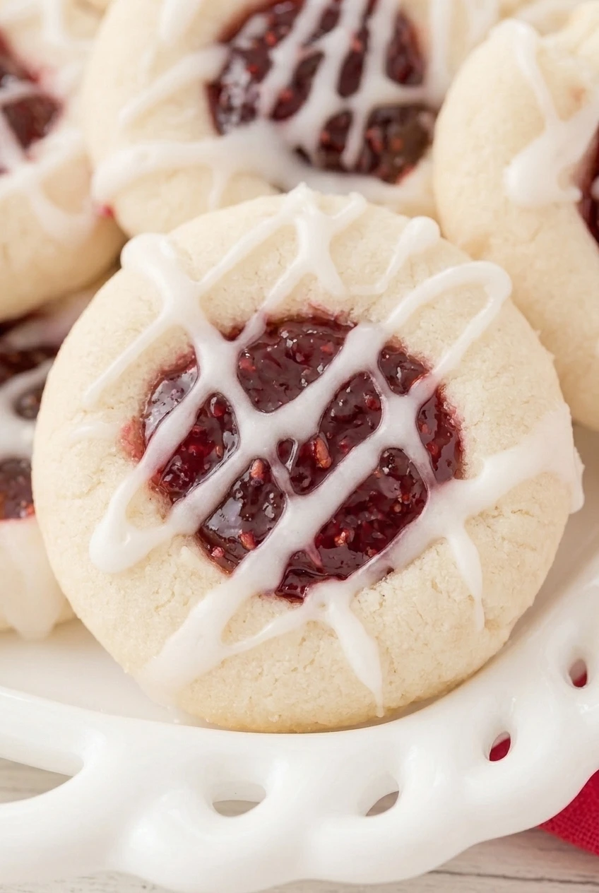 Close detail of a raspberry thumbprint cookie showing seeded jam, tender edges, and white icing