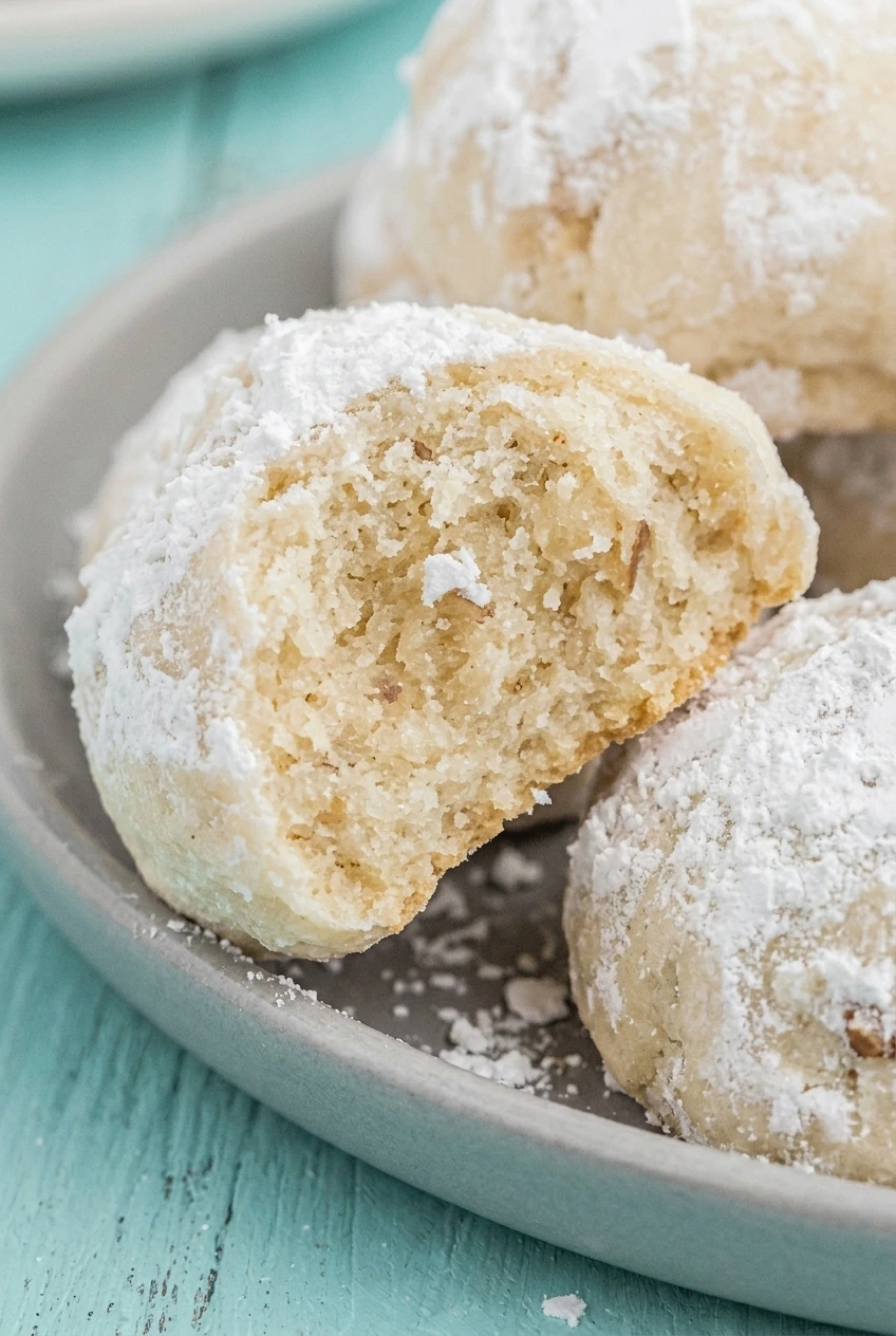 Close view of a broken pecan snowball cookie showing its tender crumb beneath the powdered sugar
