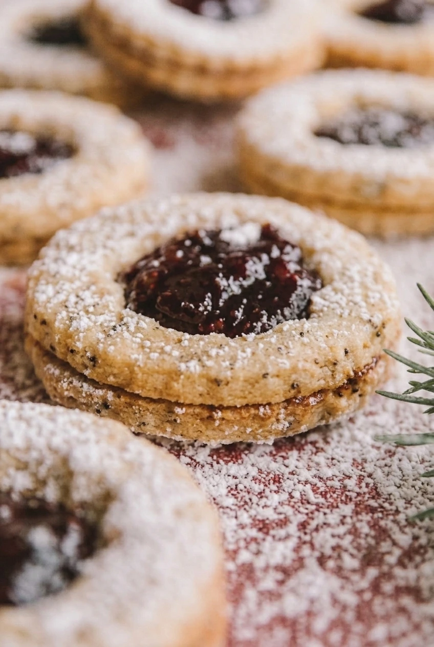 Close view of a Linzer cookie’s glossy raspberry jam window, powdered sugar, and lightly golden fluted edge.