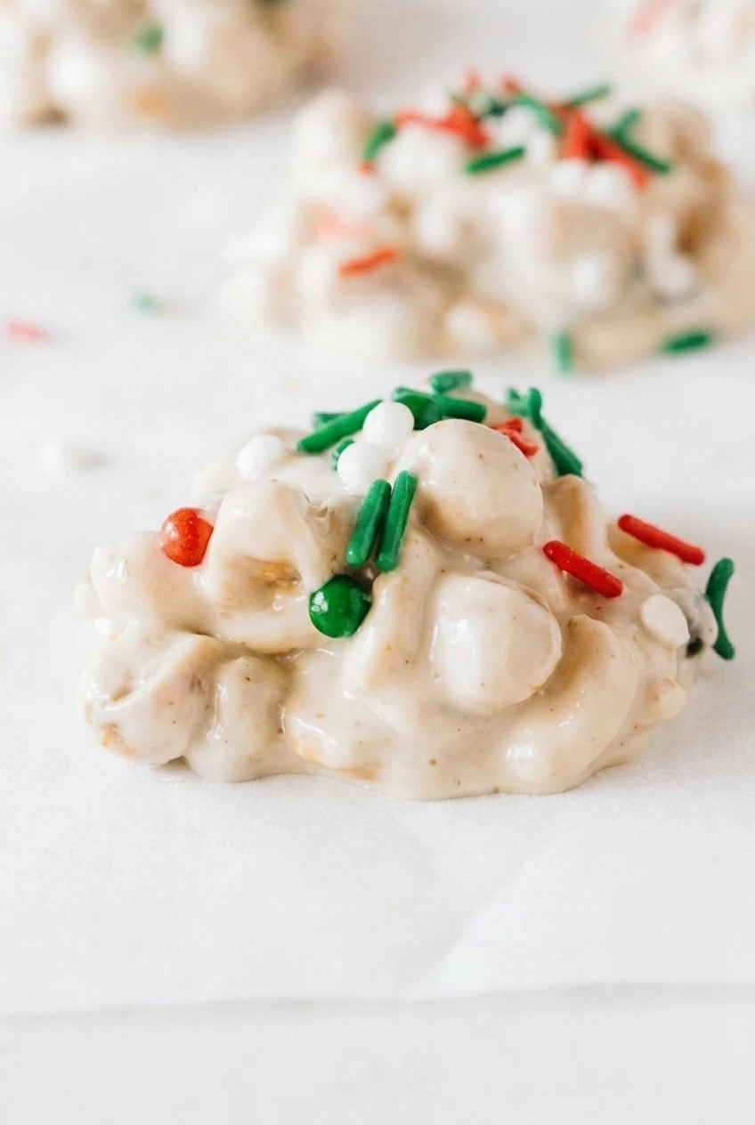 Close detail of a white chocolate peanut cluster showing embedded peanuts and red and green sprinkles