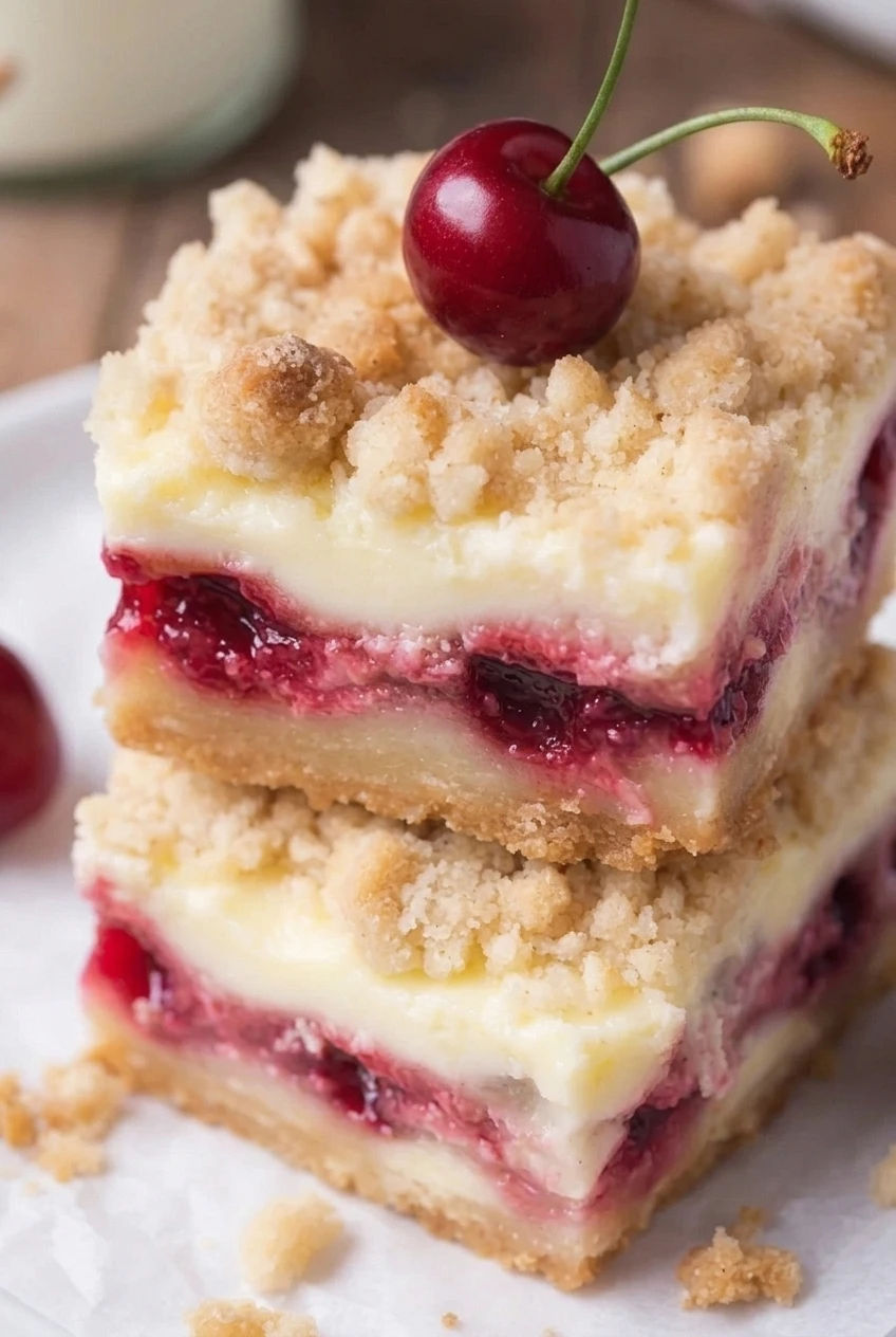 Close view of a Christmas cherry cheesecake bar showing its shortbread base, glossy cherry filling, creamy cheesecake, and crumble