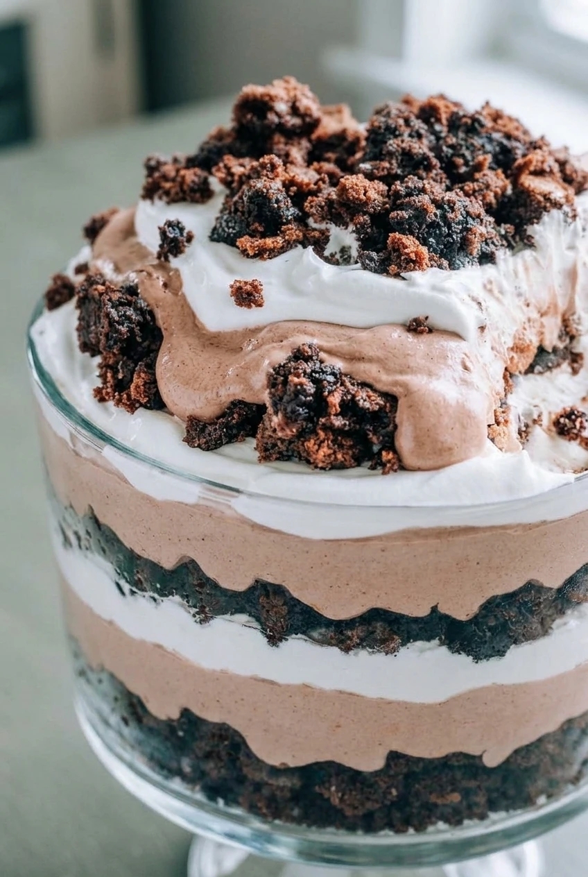 Close detail of brownie chunks and distinct chocolate cream and whipped cream layers in the Christmas brownie trifle.