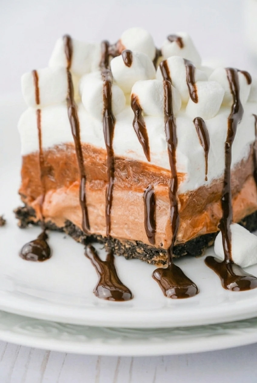 Close detail of hot chocolate lasagna layers, showing the dark Oreo crust, creamy chocolate filling, marshmallows, and sauce