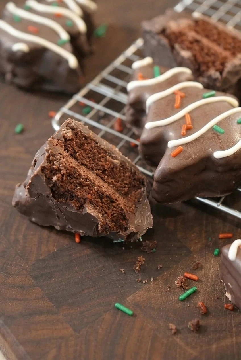 Close view of a cut chocolate Christmas Tree Cake showing its soft crumb, chocolate filling, coating, drizzle, and sprinkles.