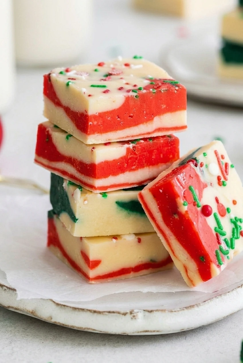 Close detail of Christmas fudge showing smooth red, white, and green layers and festive sprinkles