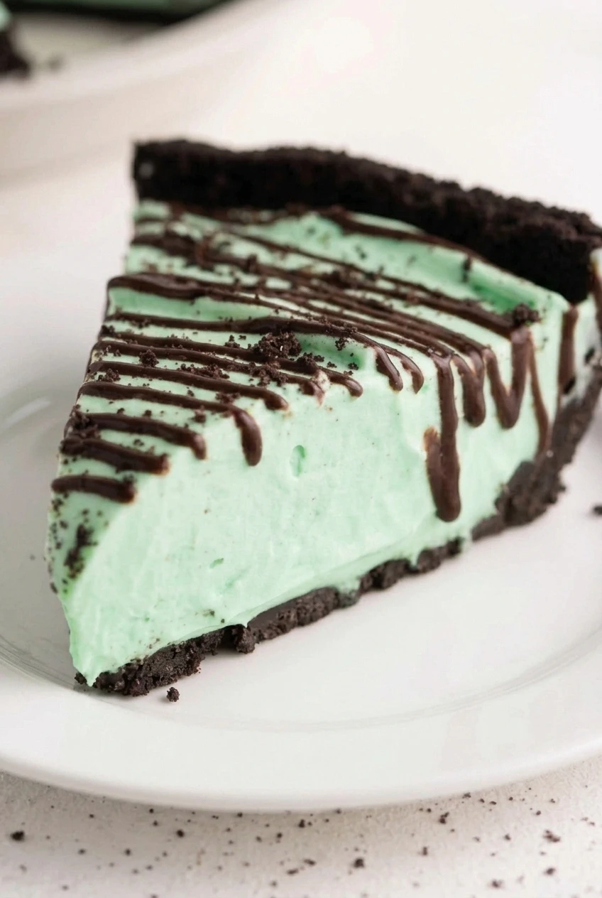 Close view of the fluffy pale green filling, smooth cut face, dark cookie crust, and chocolate drizzle.