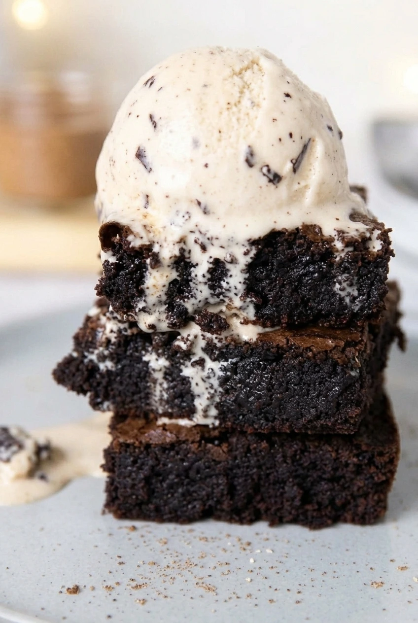 Close detail of fudgy gingerbread brownie crumb and melting vanilla ice cream
