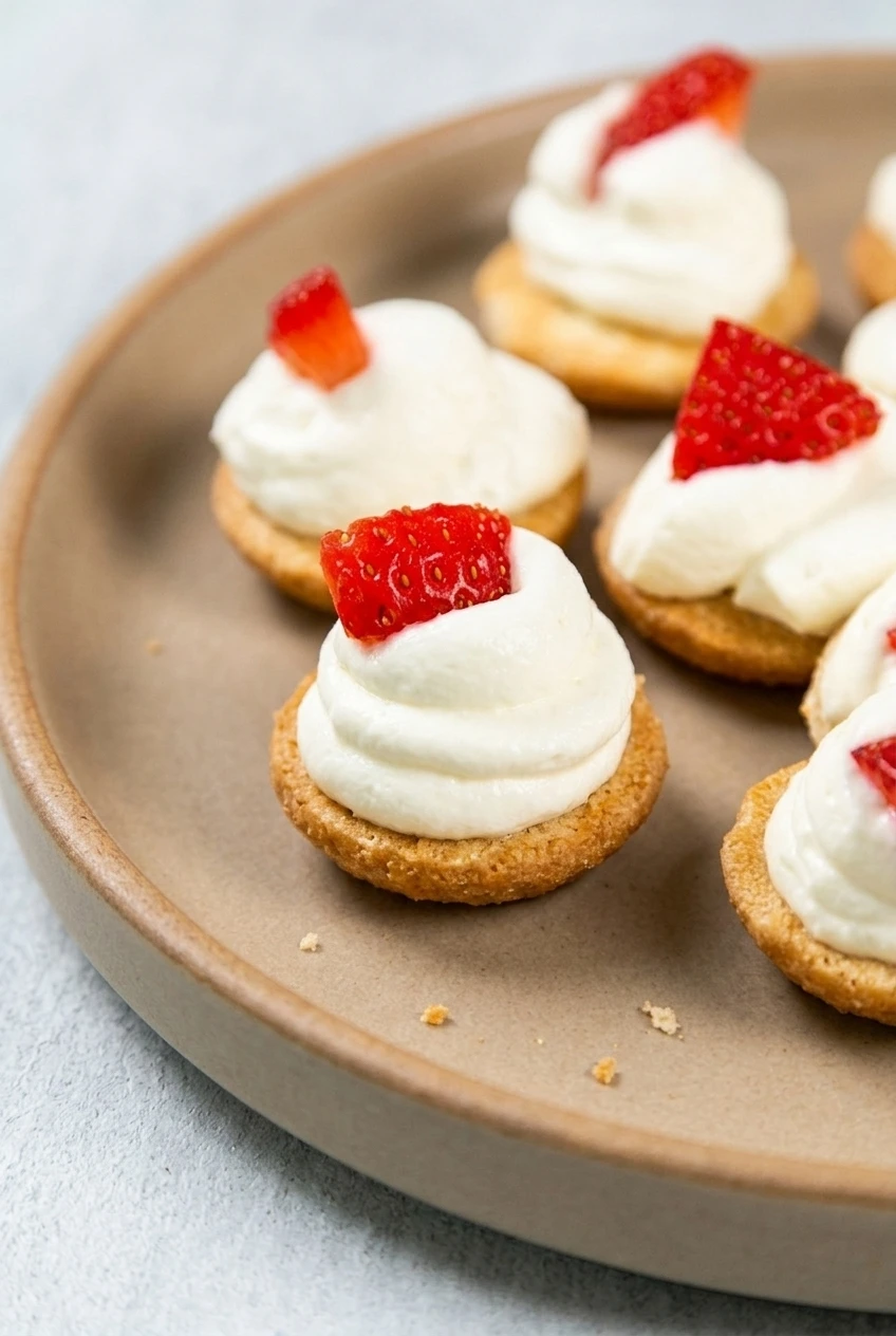 Close detail of a Christmas cheesecake bite showing its piped filling, golden cookie base, and fresh strawberry