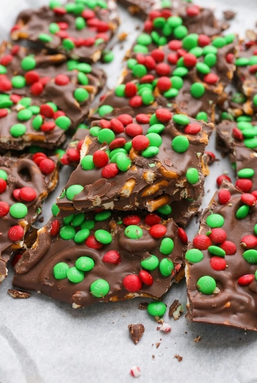 Close detail of a chocolate bark shard with crunchy pretzel edges, colorful candies, and peppermint pieces