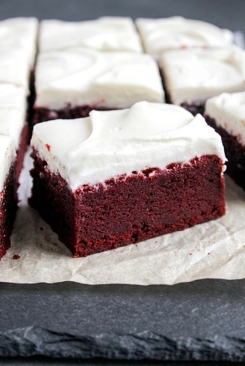 Close detail of a red velvet brownie’s moist burgundy crumb beneath thick, swirled cream cheese frosting