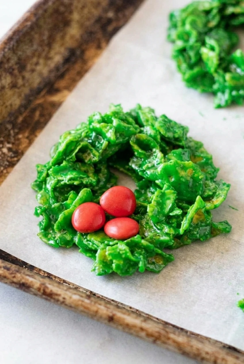 Close-up of a Christmas Cornflake Wreath Cookie showing glossy green coating, distinct flakes, and red candies