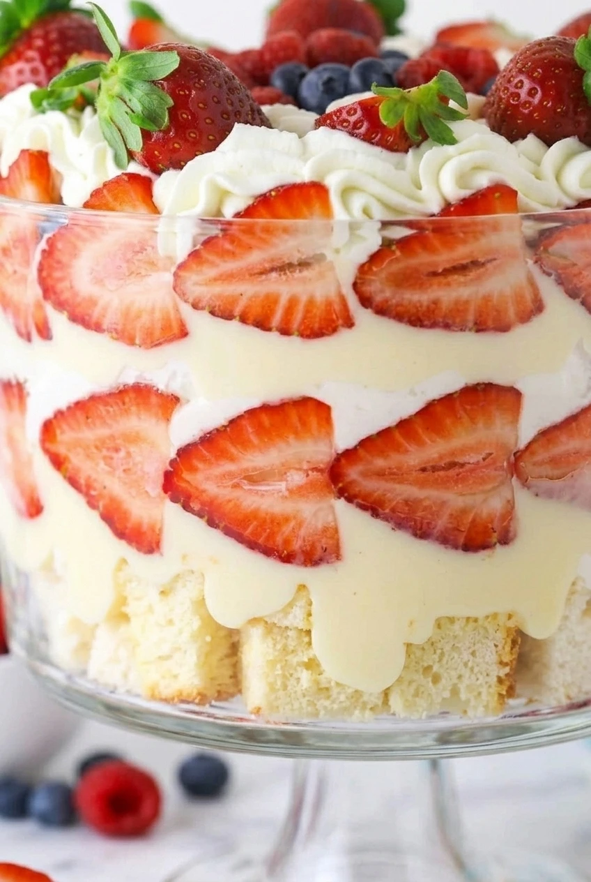 Close detail of strawberry slices, pale custard, whipped cream, and cake layers in Christmas trifle