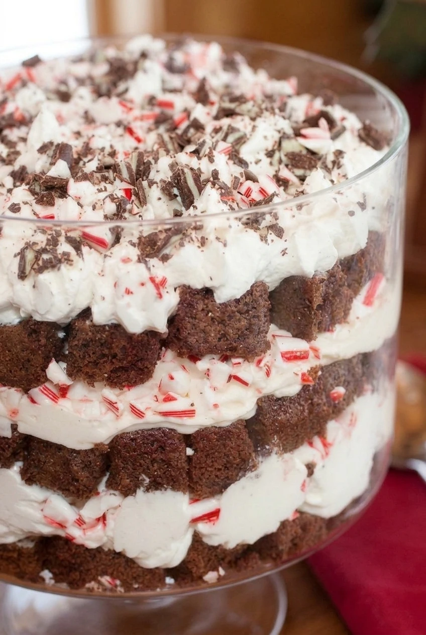 Close detail of brownie cubes, fluffy white cream, candy cane pieces, and chocolate bits in peppermint chocolate trifle