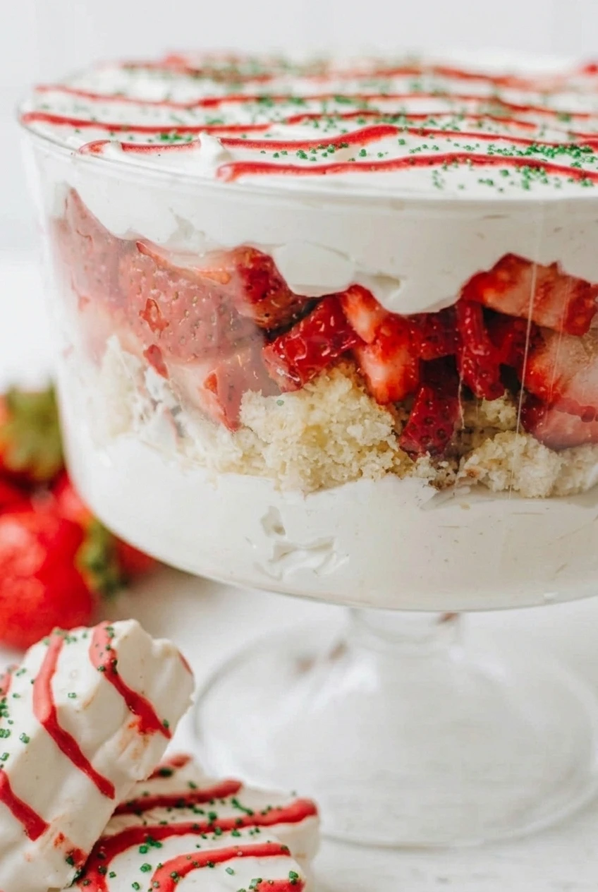 Close view of strawberries and Christmas Tree Cake pieces between fluffy cream layers in the trifle bowl