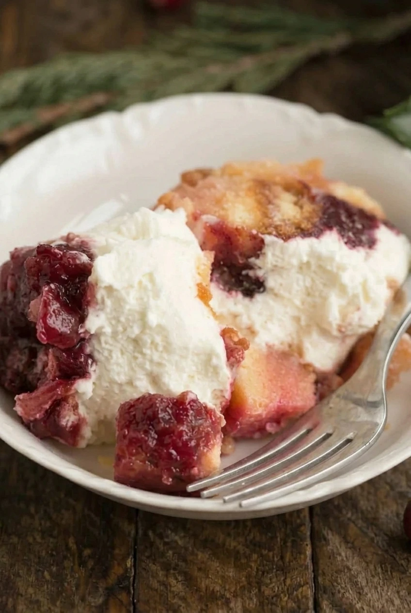 Close detail of moist pound-cake pieces, fluffy mascarpone cream, and glossy cranberry compote in cranberry orange trifle