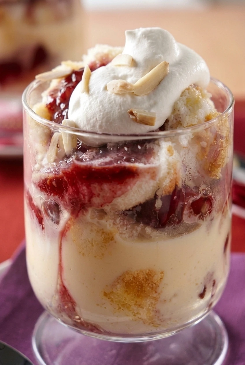 Close view of eggnog trifle layers showing soft cake, pale cream, glossy cherry compote, whipped cream, and almond slivers