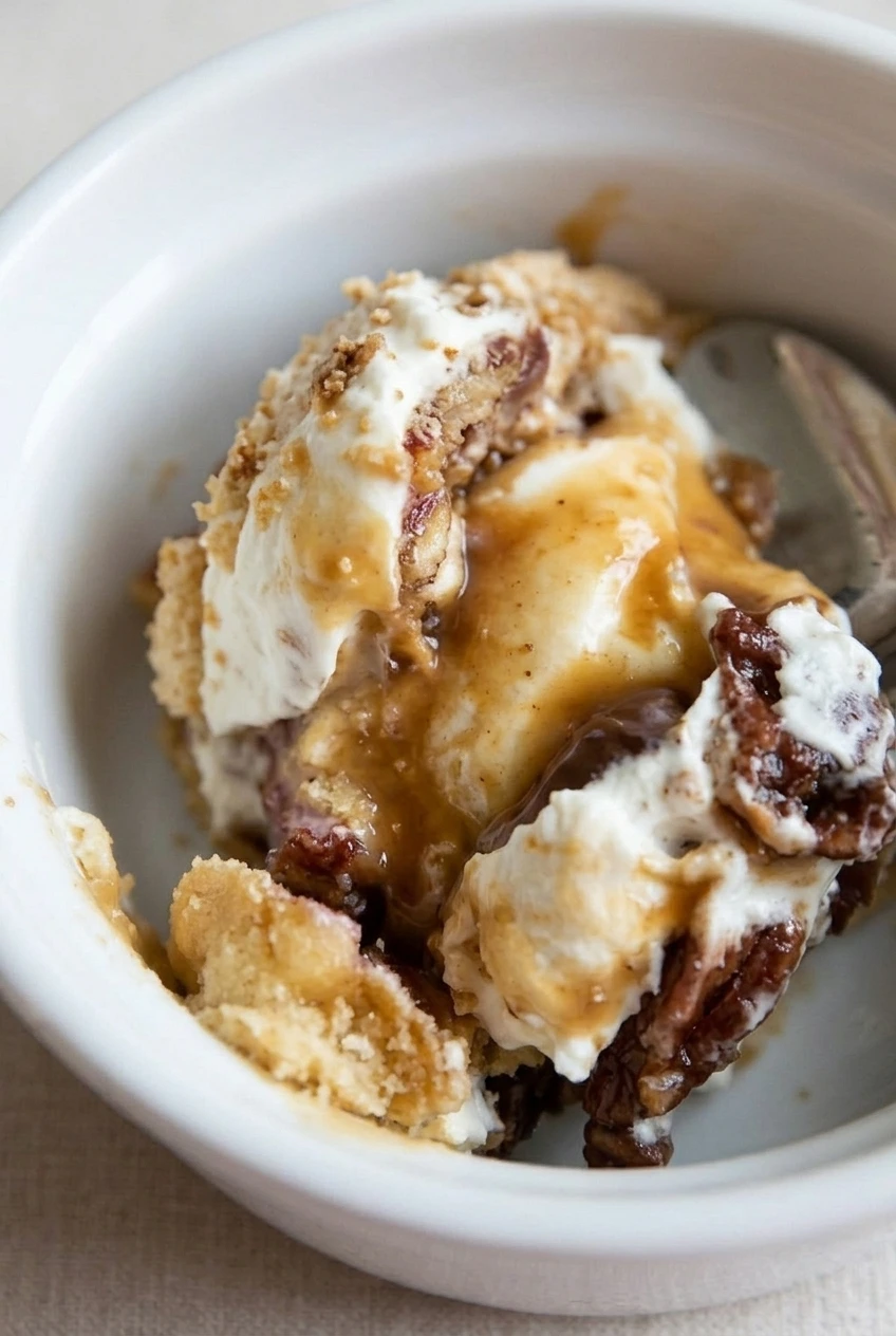 Close view of pecan pie chunks nestled in thick mascarpone cream with caramel and fudge streaks