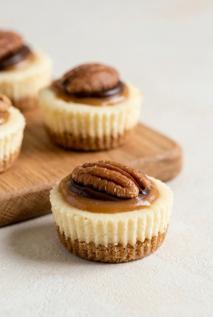 Close-up of mini turtle cheesecake cups showing pale filling, compact crumb crust, caramel, chocolate, and pecan halves.