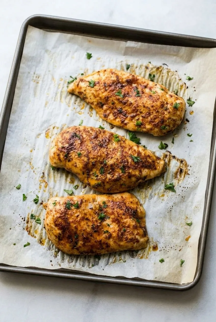 Three whole baked chicken breasts on a parchment-lined baking sheet in a wider view