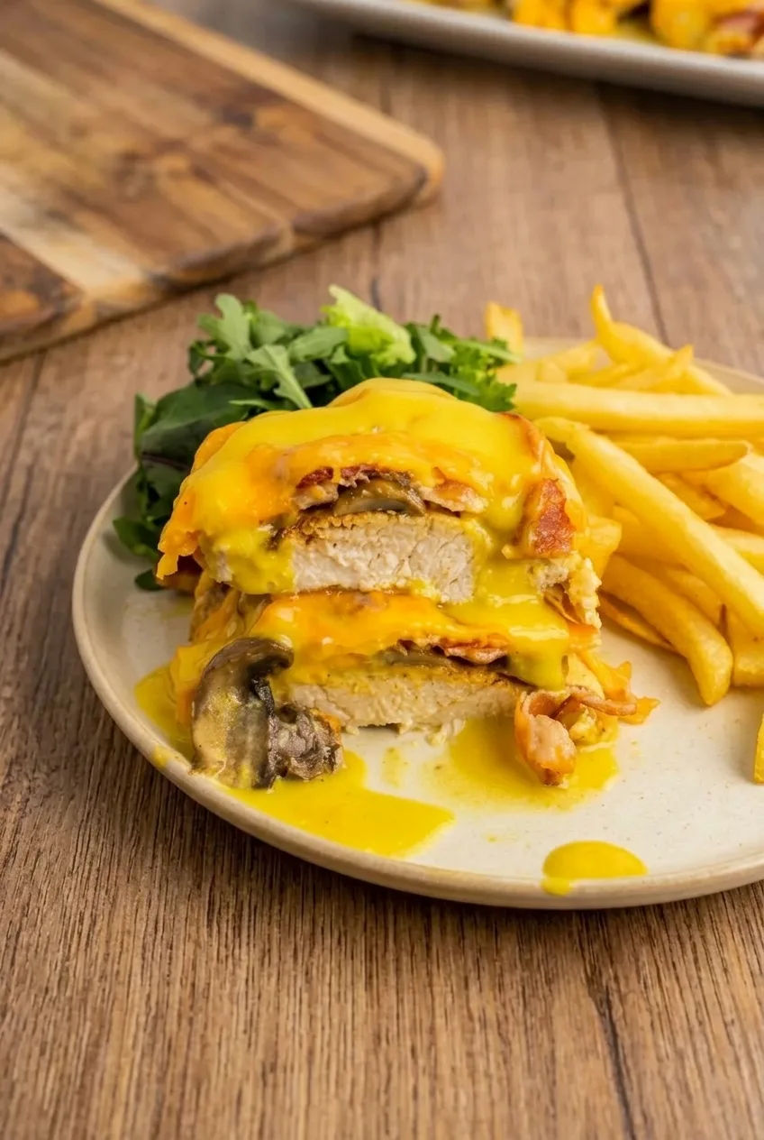 Full plate of Alice Springs Chicken with honey mustard, fries, and greens