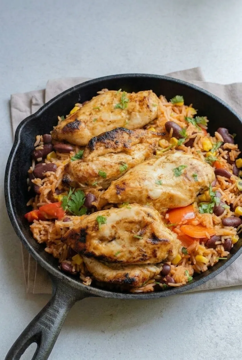 Full skillet of chicken burrito casserole on a pale surface, with four chicken breasts and cilantro visible