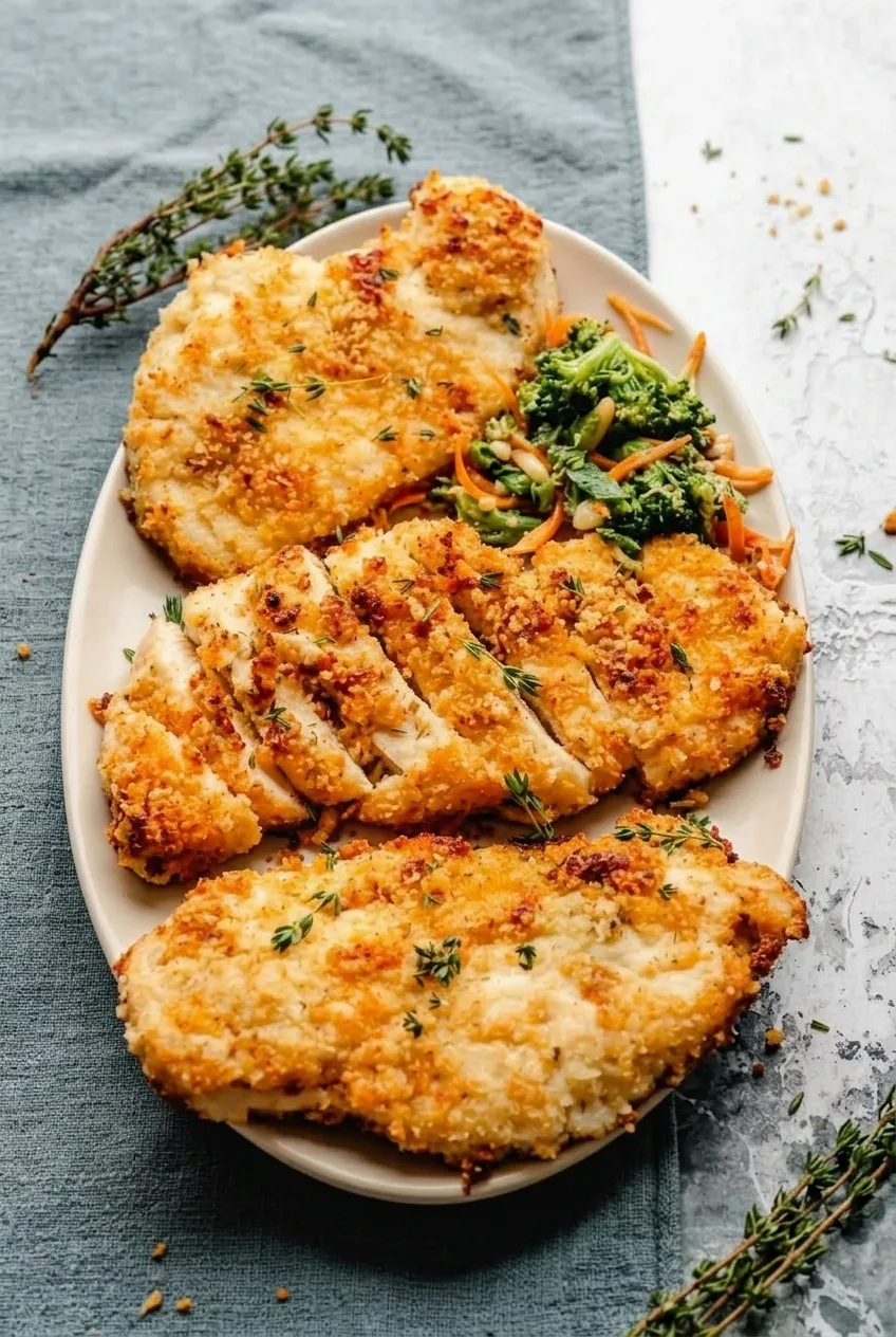 Wide view of an oval platter of golden ranch chicken cutlets, including one sliced cutlet