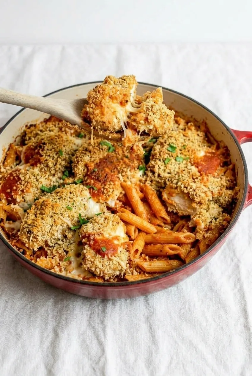 Nearly full red baking dish of Chicken Parmesan pieces over sauced penne with melted mozzarella