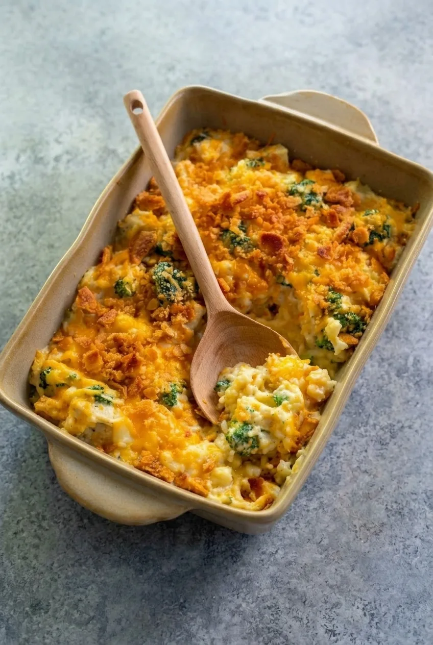 Full rectangular dish of cheesy broccoli chicken and rice casserole on a neutral tabletop