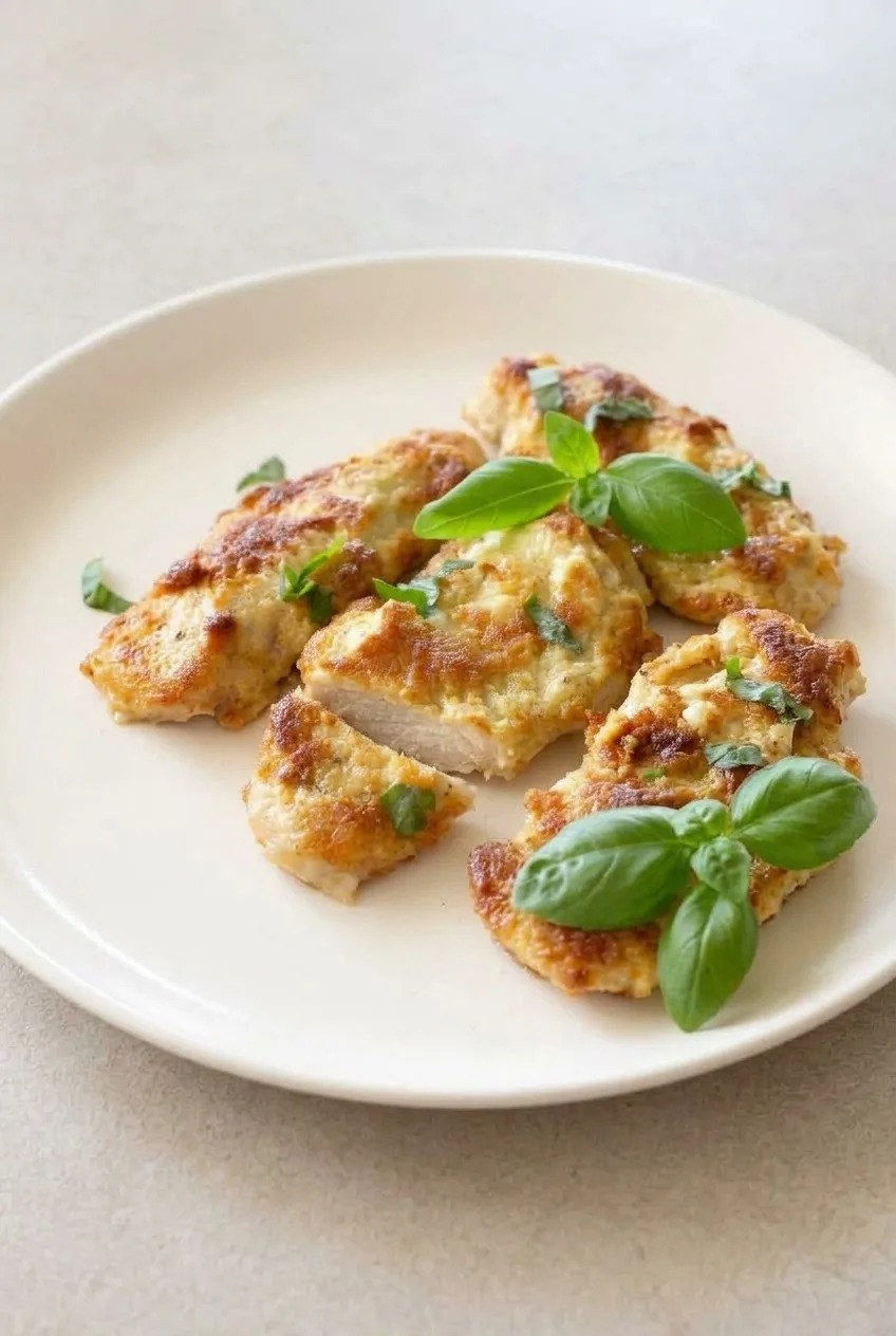 Full plate of basil-topped Parmesan chicken cutlets, including one cut-open piece