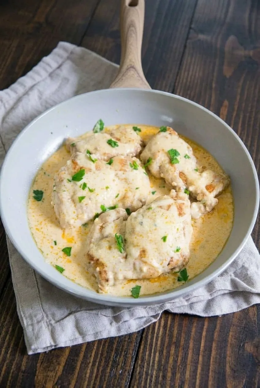 Wider view of the full skillet of cream cheese chicken on a cloth-covered table