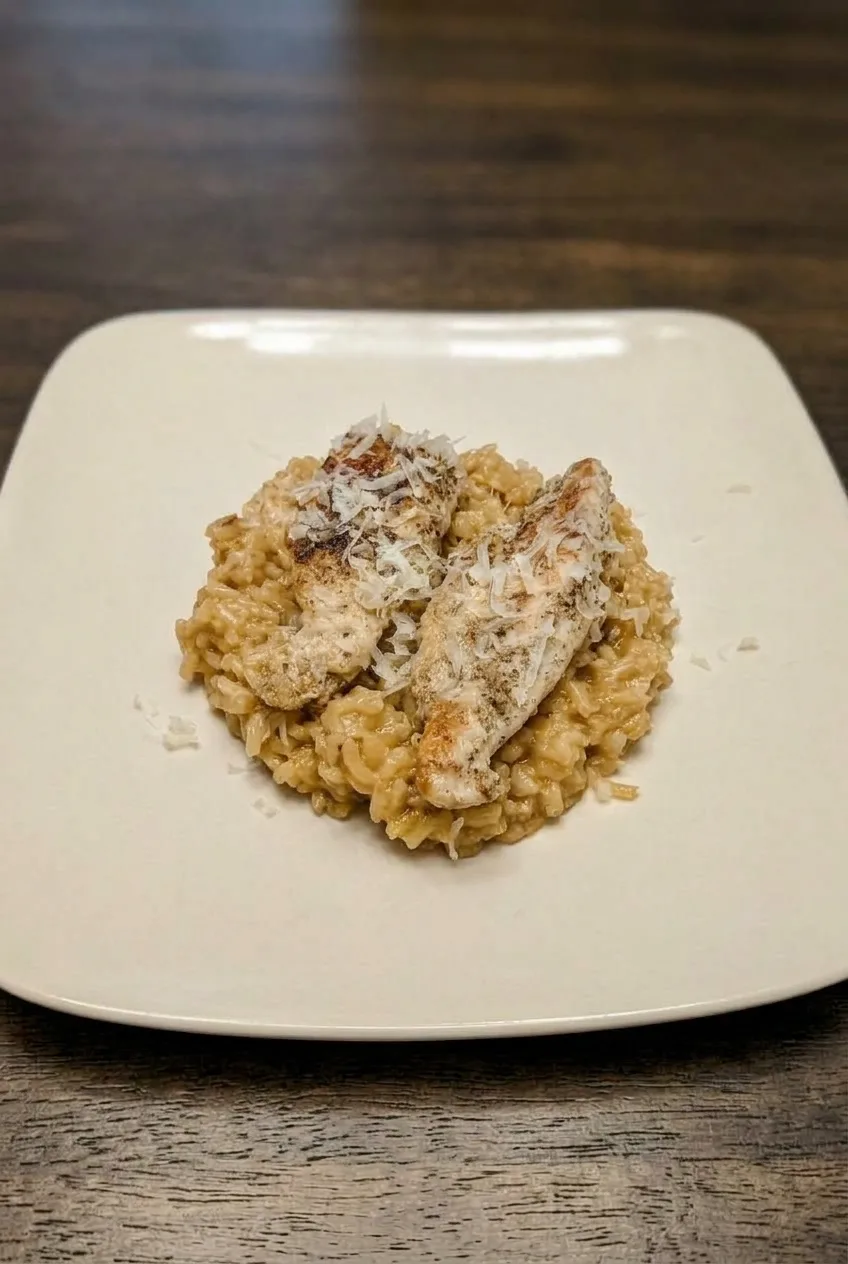 Full plate of chicken scampi with garlic Parmesan rice on a dark wooden table