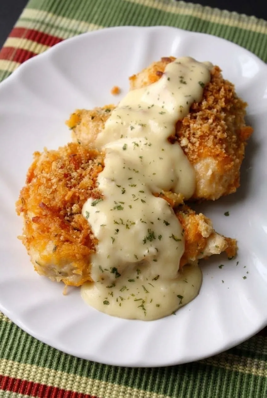 Full plate of crispy cheddar chicken portions with sauce across their centers on a woven placemat