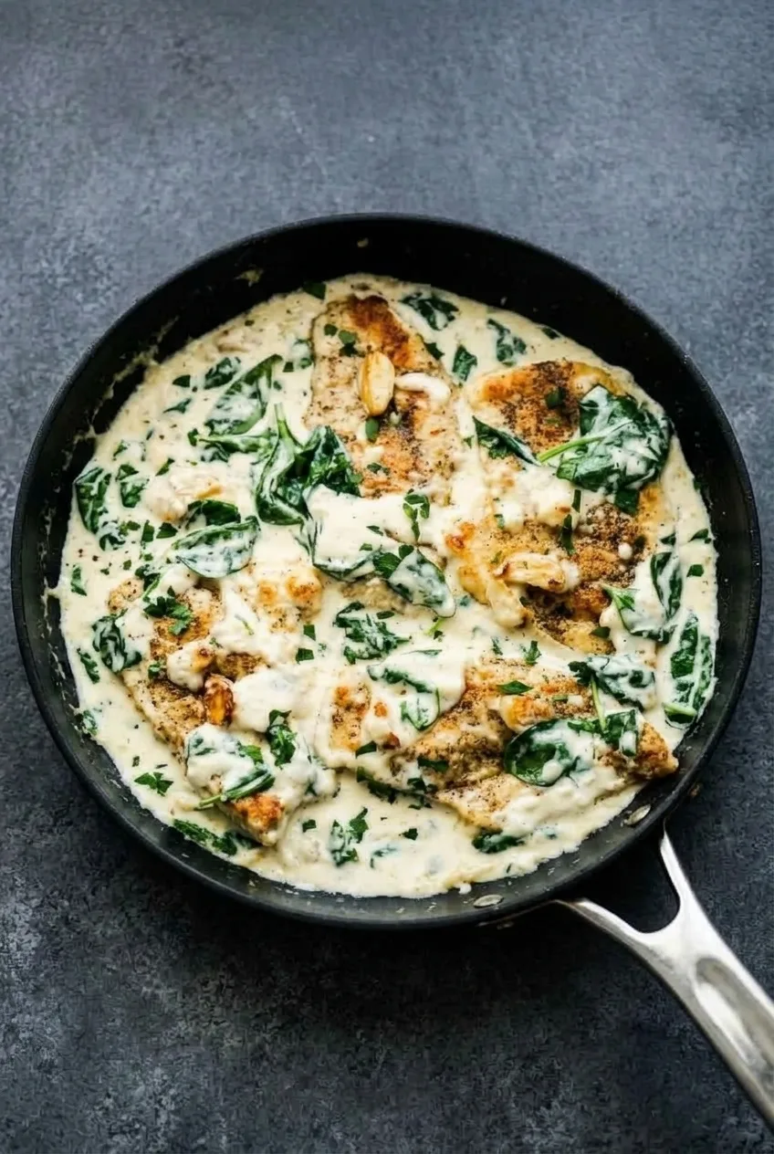 Full skillet of creamy spinach garlic chicken on a dark surface
