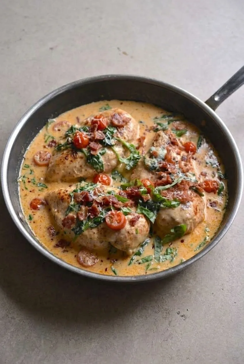 Full skillet of Marry Me Chicken with four portions in creamy sauce and colorful toppings