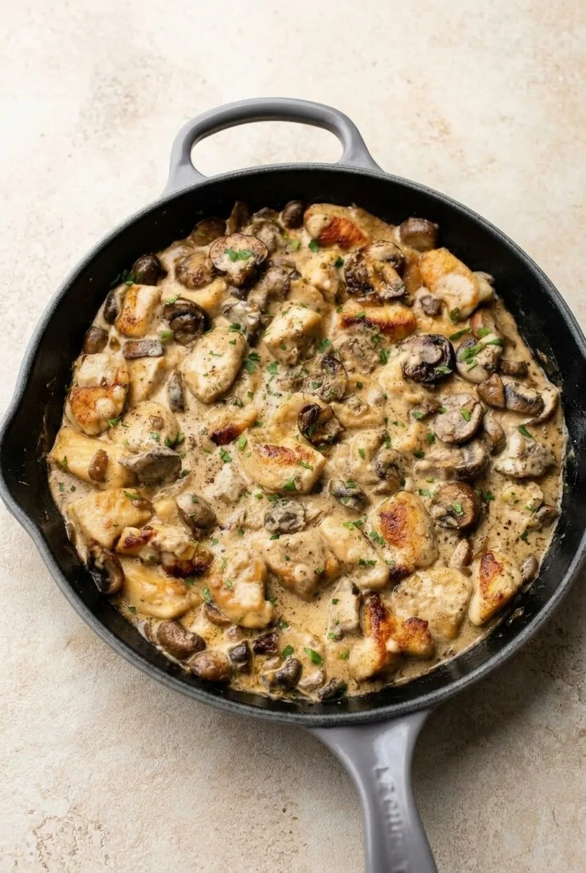 Full skillet of creamy chicken stroganoff on a pale stone countertop