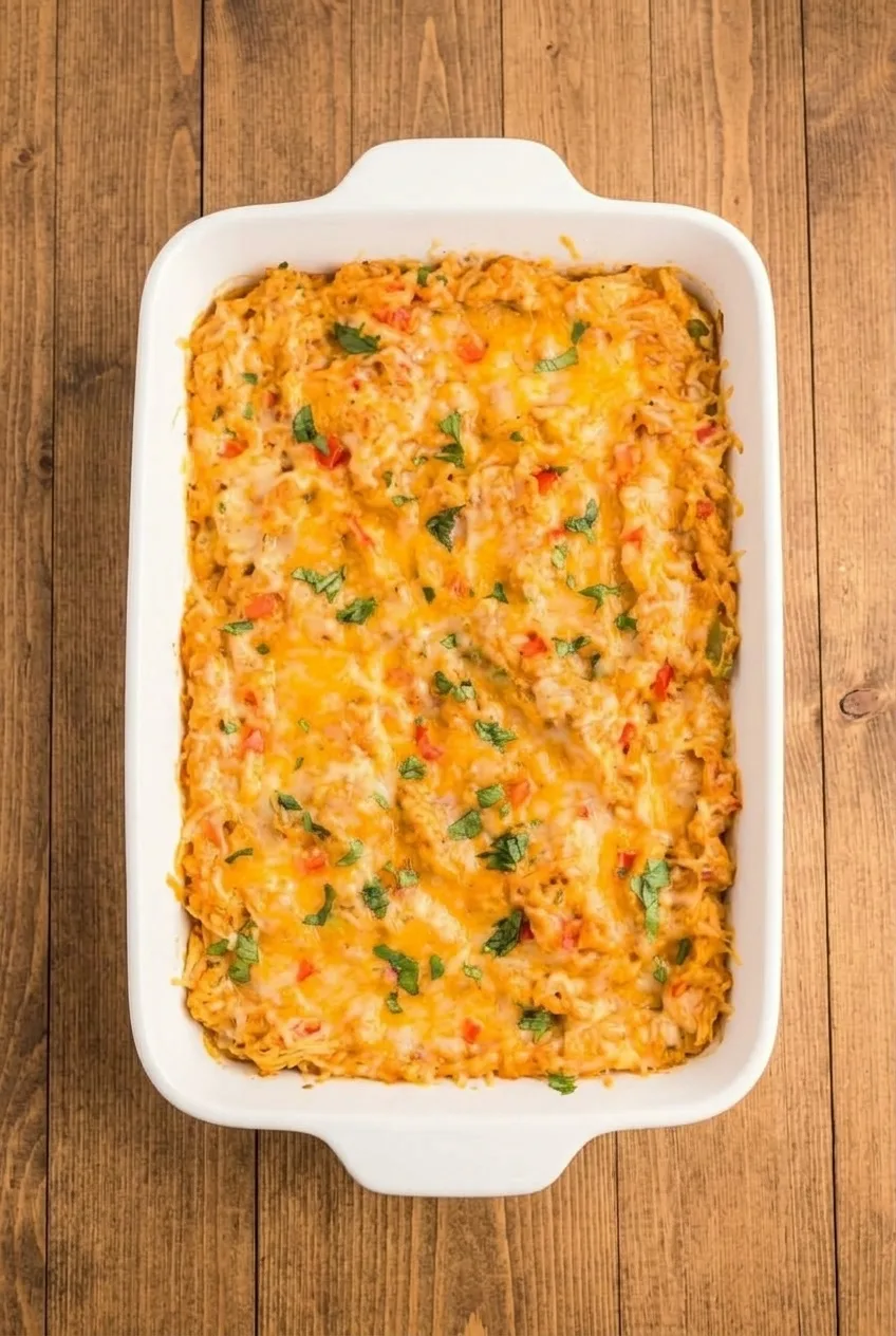 Complete chicken fajita casserole in a white rectangular dish on a wooden table