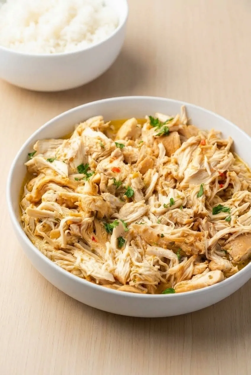Full bowl of Crockpot Italian chicken on a wooden table, with a separate bowl of rice behind it