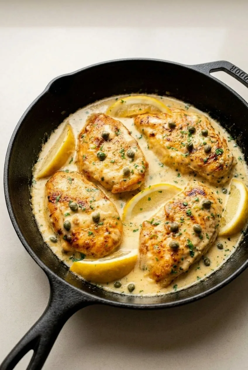 Complete skillet of four chicken piccata cutlets in pale lemon-caper sauce on a neutral countertop