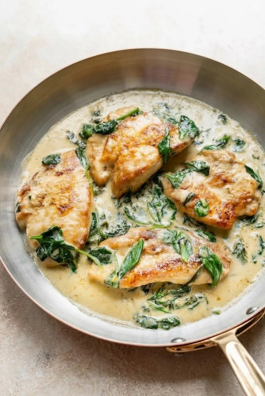 Full skillet of four Chicken Florentine cutlets in spinach cream sauce on a beige surface
