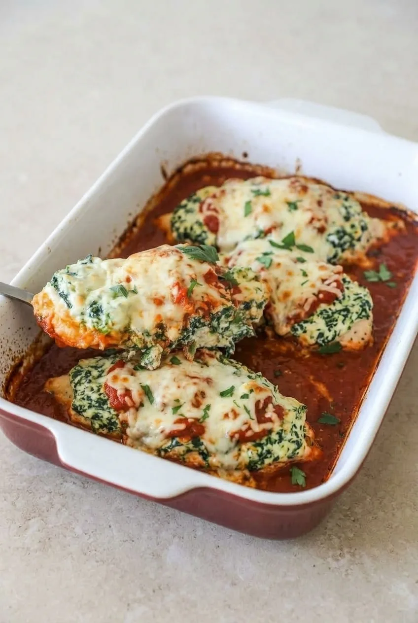 Four baked spinach ricotta chicken portions with marinara and mozzarella in a baking dish