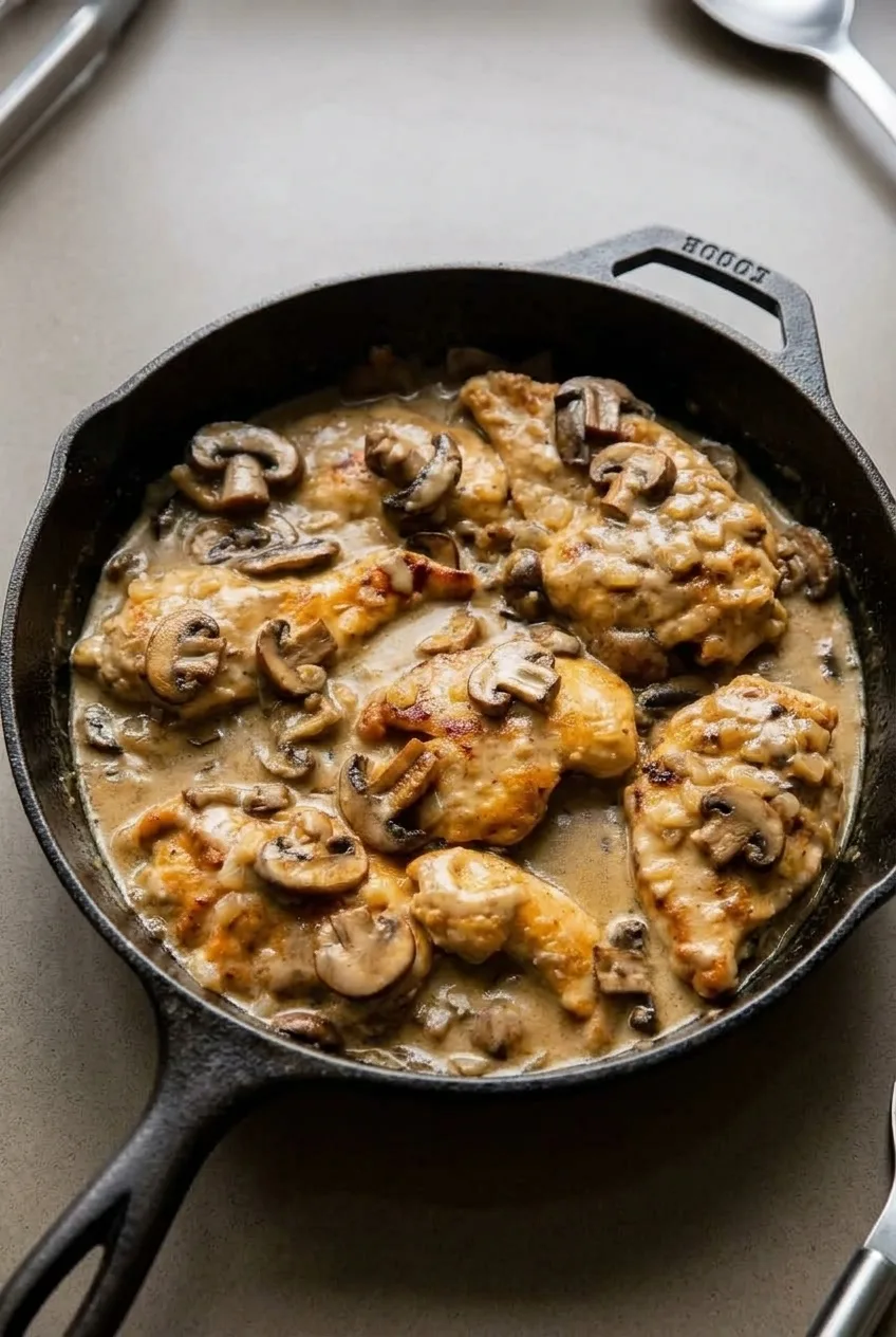 Full skillet of creamy Chicken Marsala with overlapping cutlets and sliced mushrooms