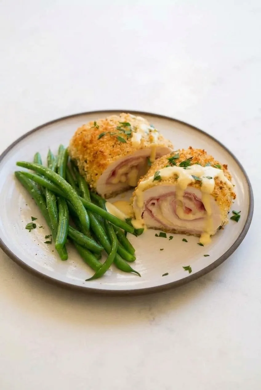 Full plate of sliced chicken cordon bleu with Dijon sauce, parsley, and green beans