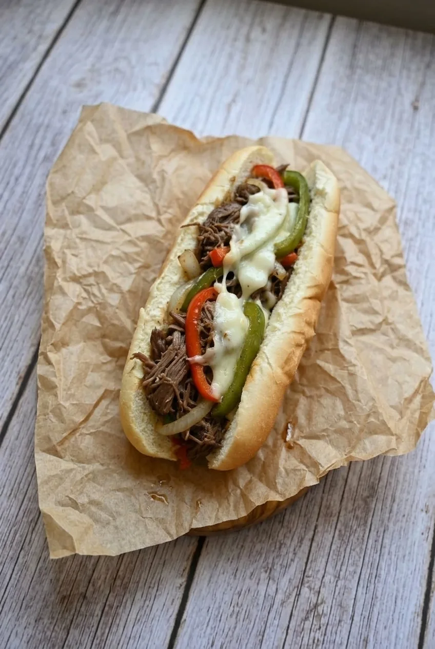 Full Crockpot Philly cheesesteak on brown sandwich paper, with the complete roll visible