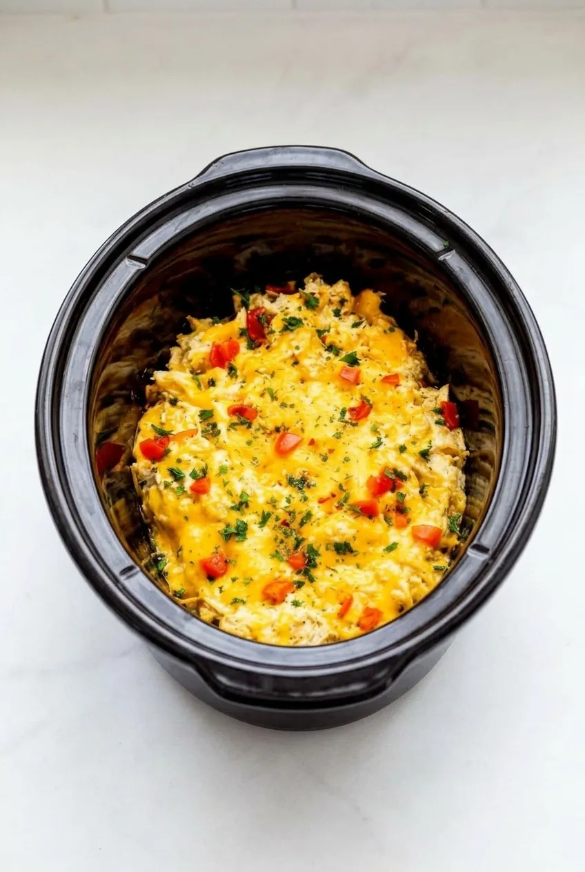Full oval slow cooker of cheesy ranch chicken on a light neutral surface