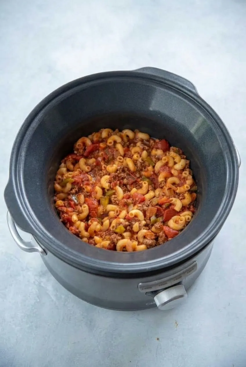 Full slow cooker of Crock Pot goulash on a neutral countertop